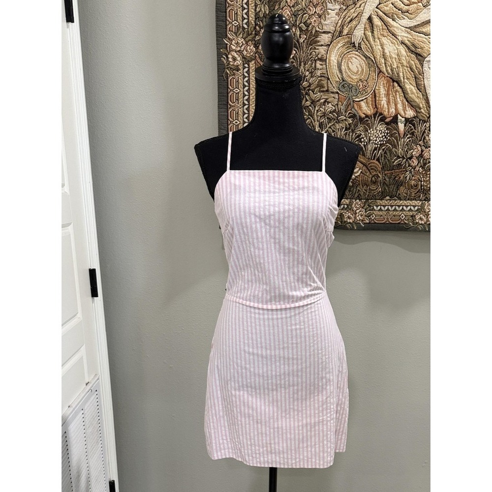 Missguided‎ Dress Womens 4 Pink White Stripe Square Neck Open Bow Back Mini